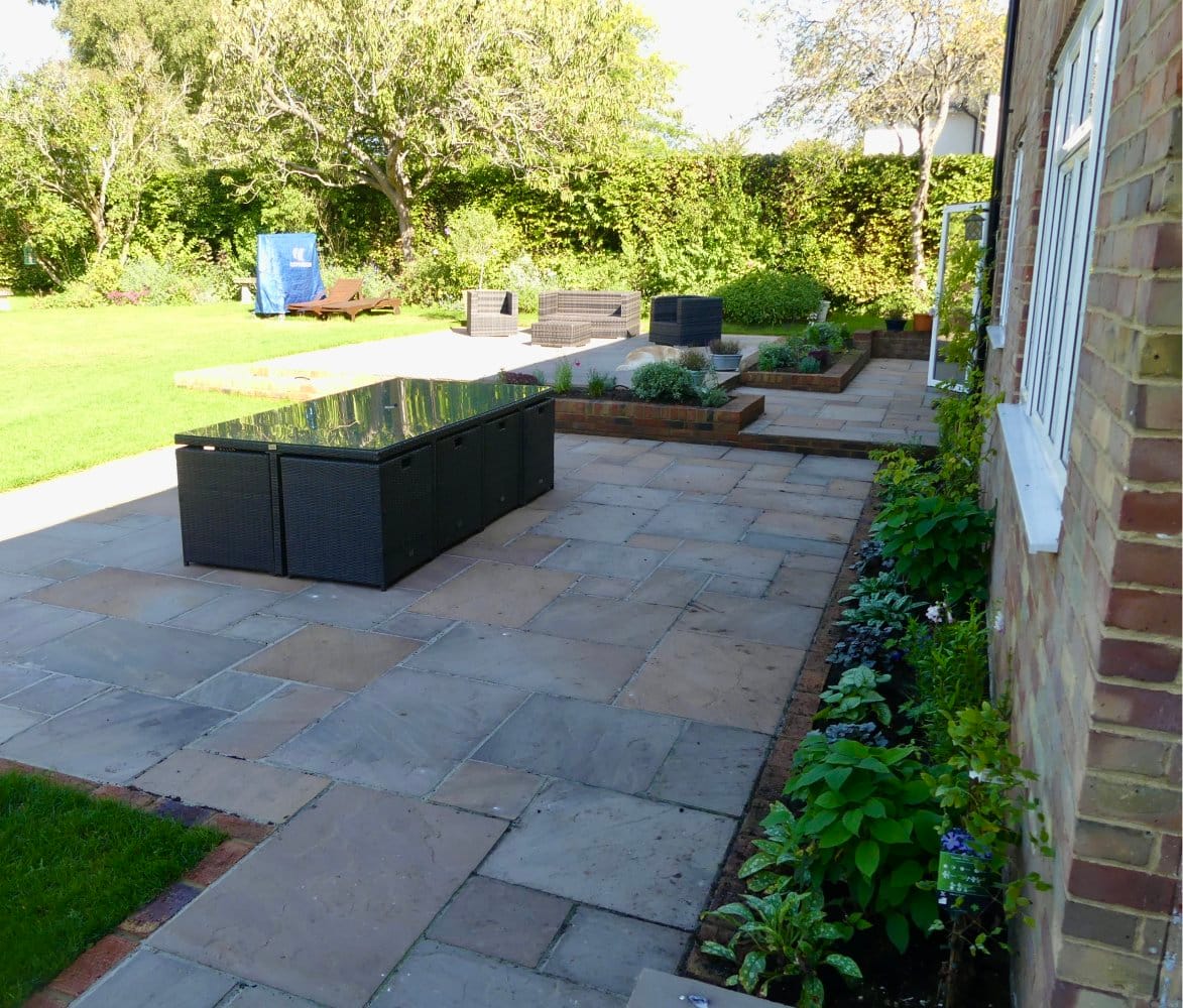Indian Sandstone Paving with Brick Planters